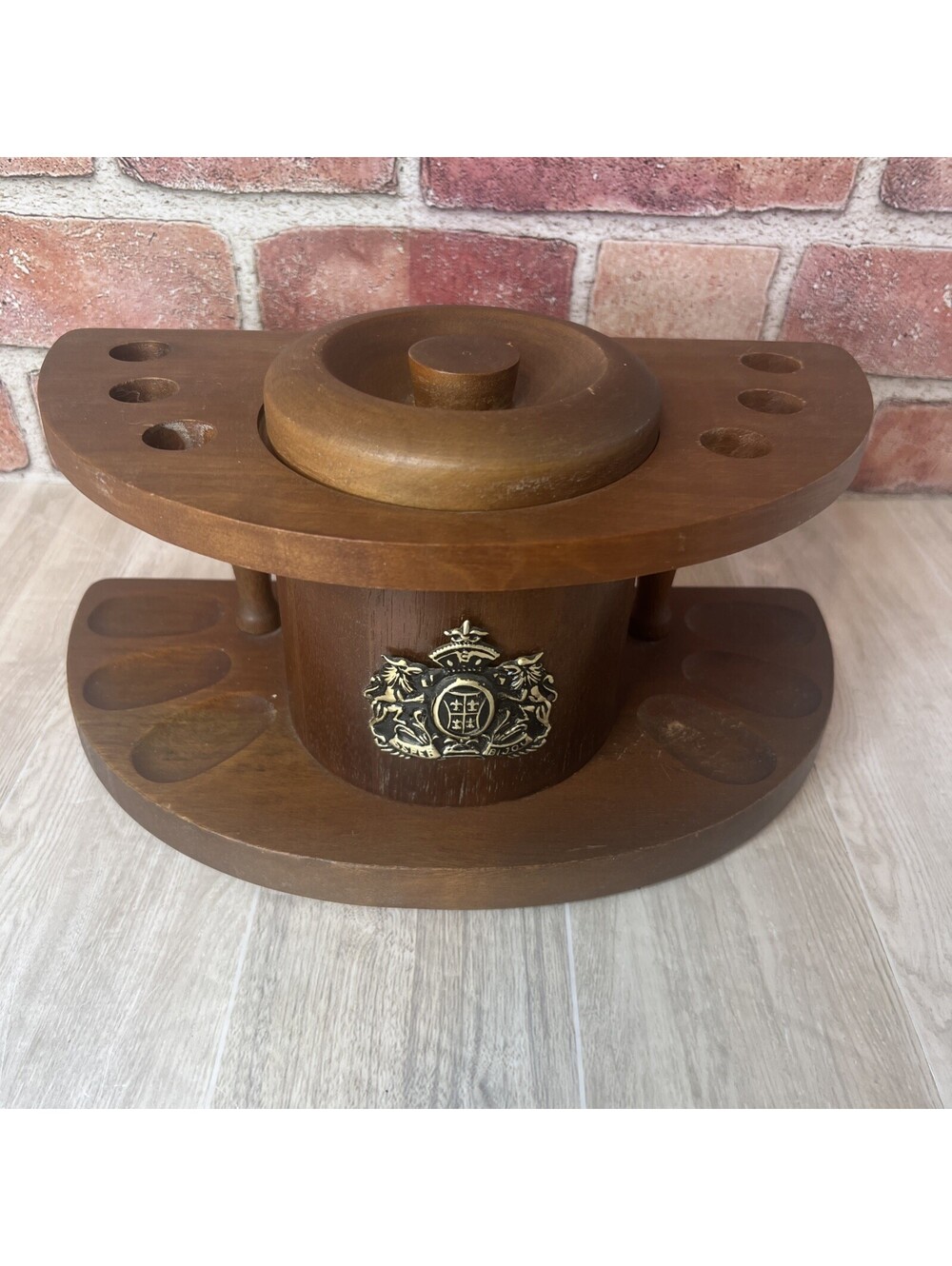 VINTAGE  S. Sper Bijou MCM ERA HARDWOOD SIX PIPE STAND AND TOBACCO STORAGE -Rare